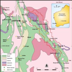 Regional geology map of Merolia Gold Project near Laverton WA, showing tenement package and main gold anomalies.