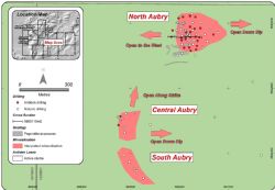Overview showing the interpreted mineralisation zones and pegmatite exposures at North Aubry, Central Aubry and South Aubry prospects.