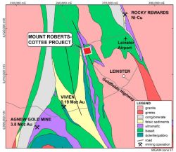 Location of the Mt Roberts-Cottee Project near Leinster and the Agnew Gold Camp in Western Australia.