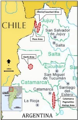 Location map of Lake Resources lithium brine projects and lithium pegmatite projects in NW Argentina