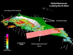 3D View of Global Mineral Resource block model, looking North west