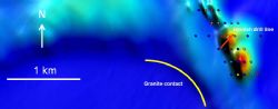 Aeromagnetic image showing location of Havilah’s drill line on magnetic skarn zone