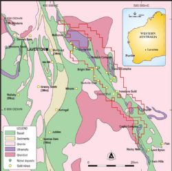 Location Map: Regional geology map of Merolia Gold Project near Laverton WA, showing tenement package and main gold anomalies.