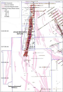 Atlas Mineral Resource outline and Heavy Mineral Factors plus ground magnetics signatures in pink over potential extension areas