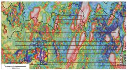 Zola pegmatites (blue outline) overlain on lithium in soils and planned regional soil survey lines, EL 31126, Finniss Lithium Project, NT.