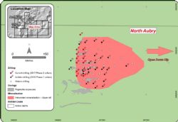 Overview showing the current Phase 2 drill-hole locations (Red) and the pegmatite exposures at North Aubry prospect, with interpreted extensions.