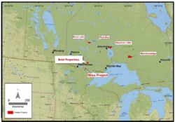 Figure 1. Location of Ardiden projects (Bold Properties Base Metals, Wisa Lake Lithium, Seymour Lake Lithium, Root Lake Lithium, Root Bay Lithium and Manitouwadge Graphite) in Ontario, Canada. All projects can be serviced from Thunder Bay.