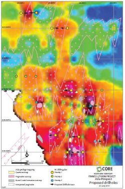 Proposed RC holes at Zola with mapped pegmatite outcrop and interpreted pegmatites overlain on lithium geochemistry image.