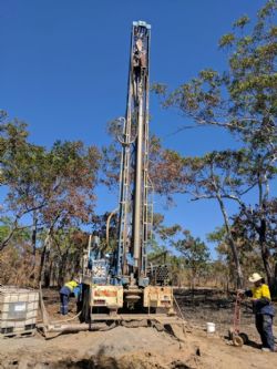 Drill rig establishing groundwater monitoring bores for mine engineering and environmental monitoring purposes, Grants Lithium Resource, NT.