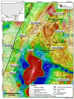 Distribution of mapped granitic bodies at the Paupong Project relative to known gold mineralisation, large-scale structures and regional RTP magnetic response.
