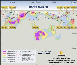 Happy Jack long section looking west showing drill intercepts coloured by Au tenor, underlain with pre-drilling metal tenor contours.