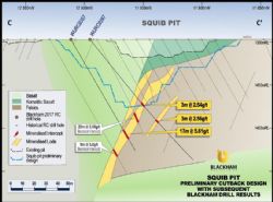 Cross section C-C’ through Squib pit looking grid north showing high grade results in Blackham’s infill drilling, with potential to extend the final pit design deeper.