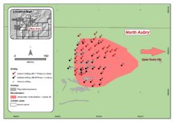 Overview showing the Phase 2 drill hole locations (Red) and the pegmatite exposures at North Aubry prospect, with interpreted extensions.