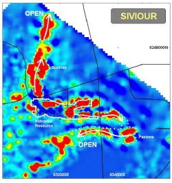 Siviour Indicated Resource outline over 40m airbone EM depth slice highlighting conductivity continuity into adjoining prospect areas