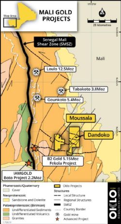 Figure 1: a) Location of Oklo's Dandoko and Moussala gold projects in west Mali.