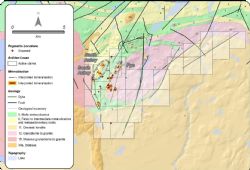Overview map of the Seymour Lake project claims, identifying the multiple pegmatite exposures along the 5km strike zone.