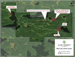 Overview map of historical exploration at the Wisa Lake Lithium Project as reported by Alset Minerals Corp. in April 2016.