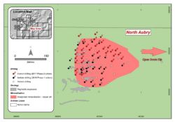 Overview showing the Phase 2 drill-hole locations (Red) and the pegmatite exposures at North Aubry prospect, with interpreted extensions.