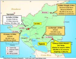 Major Nicaraguan gold deposits and the Topacio Gold Projec
