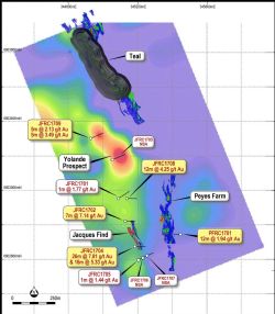 Plan showing current Teal gold project open pit mine design, JORC Resource extents, new drilling intercepts and the Induced Polarisation (“IP”) survey modelled at 100m depth