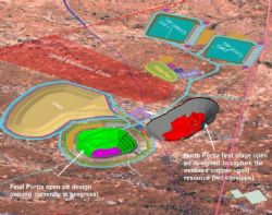 Oblique view of the current Portia gold mine site layout and open pit (green)