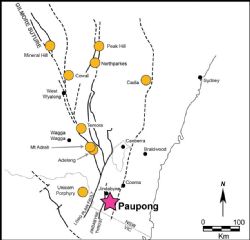 Location of the Paupong Project in southern NSW, relative to other significant precious and base metal deposits.
