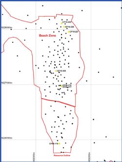 Location of drill holes from which the bulk sample material was collected prior to being blended into a composite sample.