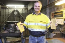 Intermin COO Grant Haywood with gold produced from Teal (courtesy of Kalgoorlie Miner)