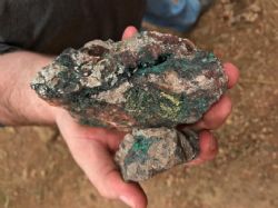Copper-cobalt (malachite & heterogenite) mineralisation from the north eastern end of the Tombolo anticline.