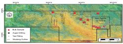 Mustang’s ruby project tenements with sampling, drilling and pitting localities to date.