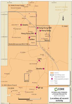 Recent exploration and drilling at pegmatite prospects within Bynoe and Finniss Lithium Projects, near Darwin in the NT.