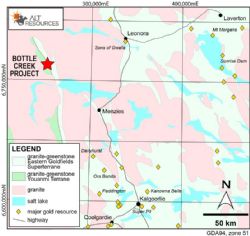 Location of the Bottle Creek Gold Mine, 100 km NE of Menzies.