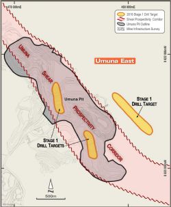 Stage 1 drilling targets, Umuna shear corridor and Umuna East Side prospects