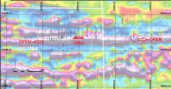 Closer image of the drill collar locations at the Kasagiminnis Lake Property overlying the 2009 Heli-mag survey results
