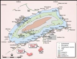 The location of the Long Lake and Panache Projects and the Deposit Types of the Sudbury Basin.