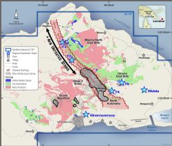 Current Misima exploration target and work areas over simplified geology.