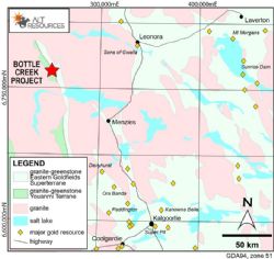 Location of the Bottle Creek Gold Mine, 100 km NE of Menzies
