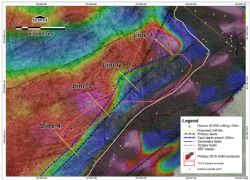 Planned TCC4 drill lines on SAM conductor and geochemical anomaly outline