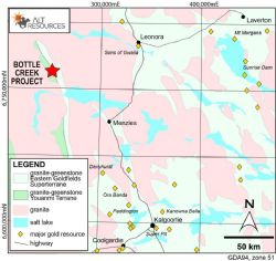 Location of the Bottle Creek Gold Mine, 100 km NE of Menzies