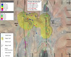 Plan view of significant intercepts from recent drilling at the East-West Cross Structures pit cutback