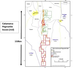 Catamarca Pegmatite Project Area with lease applications in red.