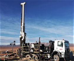 Foraco diamond drill rig at Cauchari looking across salt lake to Ganfeng/Lithium Americas project