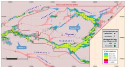 Drill hole locations and resource outline of the Tumas 1 East uranium mineralisation