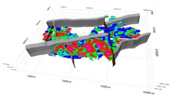 Resource model, 2009 resource estimate, showing blocks coloured by grade and dolerite dykes (grey). Isometric view looking southeast