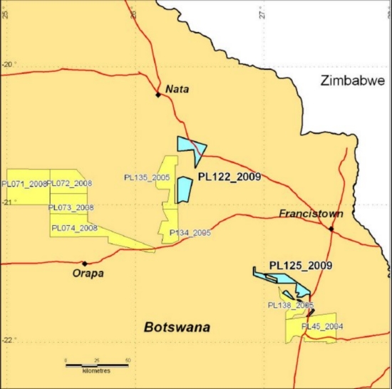 A Map of NE Botswana in the Francistown area highlighting the two new PLs granted
to A-Cap. New A-Cap PLs are shown in Blue. Existing A-Cap PLs are shown in Yellow