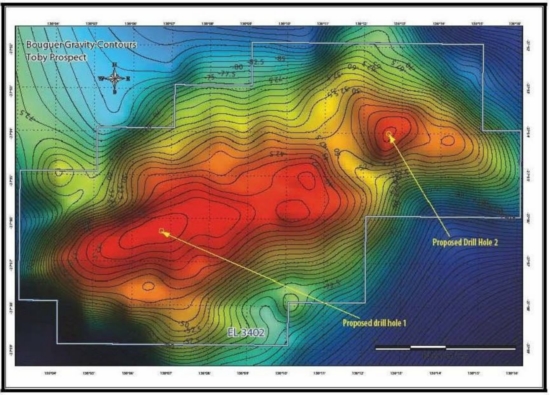 EL 3402 & Toby Target – Bouguer Gravity Anomaly Highs RTP Plan showing the 2 proposed drill holes