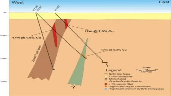 Cross section at Hillside (73250N) showing the location of the copper mineralisation within drill holes HDD022,
027 and 032.