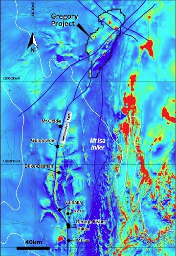Regional magnetic (TMI) image showing location of Gregory Project and major metal deposits.