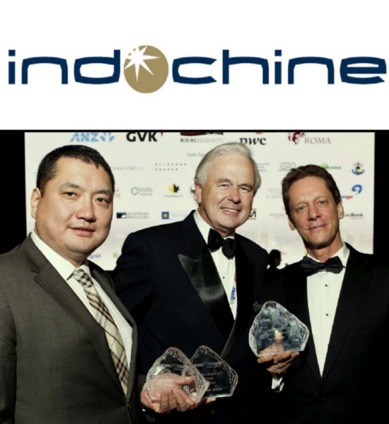 Mr Ian Ross, Chairman of Indochine Mining (centre) with Mr Robert Friedland of Ivanhoe Mines and Mr Yadmaa Ariunbold, the Consul‐General of Mongolia in Hong Kong, winners of Asia Mining Awards at the Mines and Money Asia Conference.